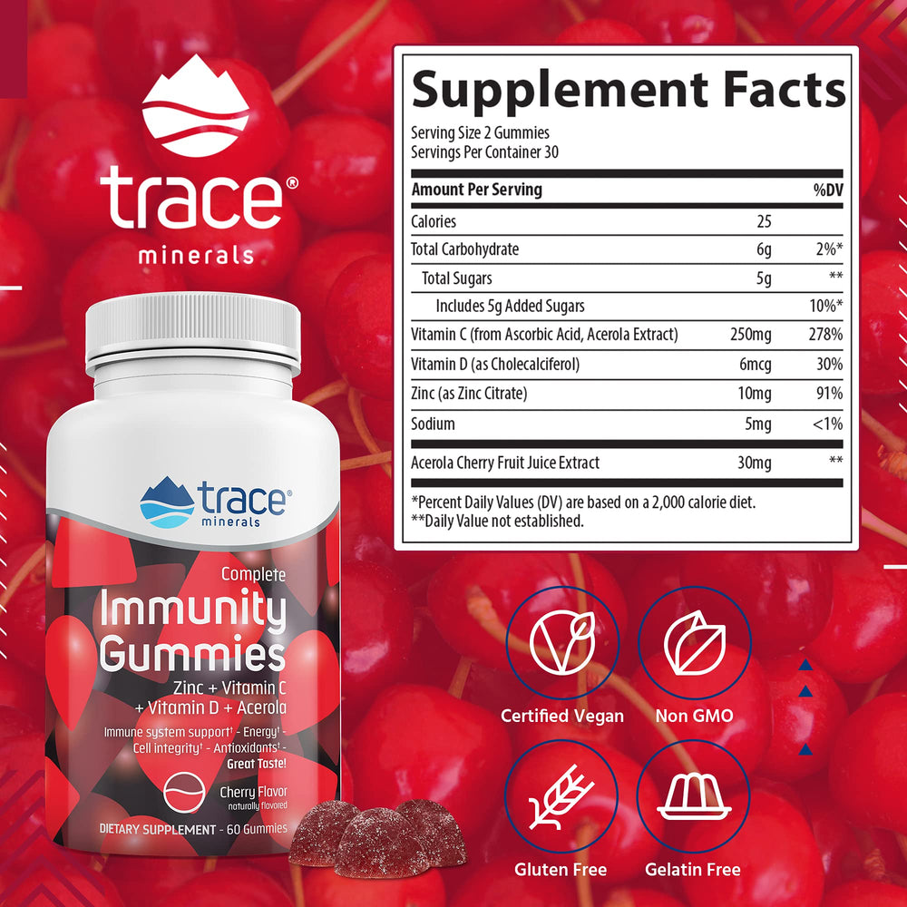 Complete Immunity Gummies (60 Ct) - with Vitamin C, Zinc, Vitamin D, & Acerola Cherry - Delicious, Essential 4-in-1 Immune Support for Kids & Adults - Immune Defense & Energy Support (Cherry Flavor) - Earth's Pure 