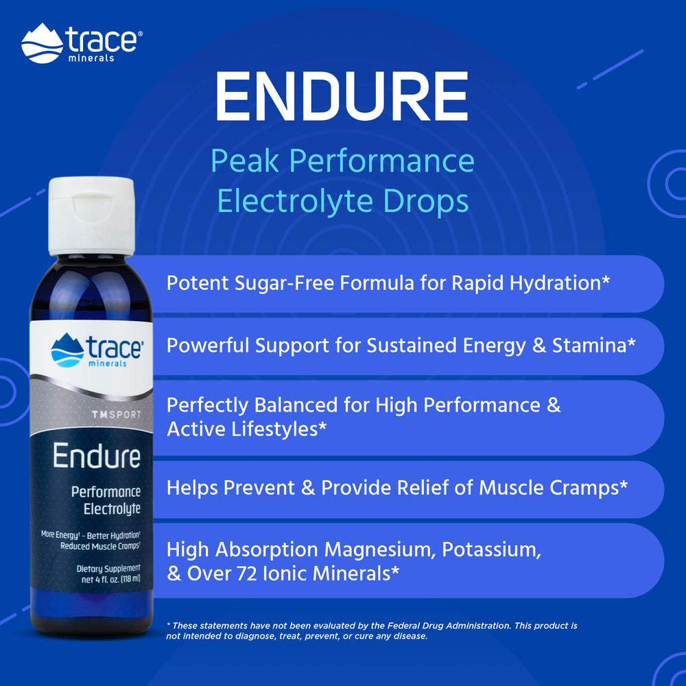 Trace Minerals – Endure | Sugar-Free Electrolyte Supplement for Peak Performance, Maximum Hydration & Energy | Balanced with Magnesium, Potassium Chloride, Ionic Trace Minerals - Earth's Pure 